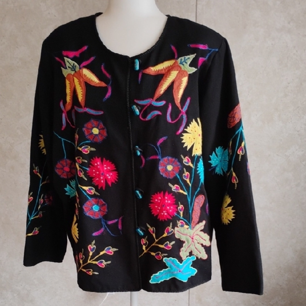 Floral Embroidered Jacket, Art To Wear, Glass Buttons/ XL/ 100% Cotton